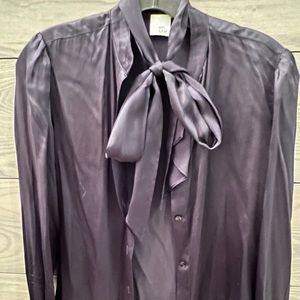 Midnight blue silk tie neck shirt